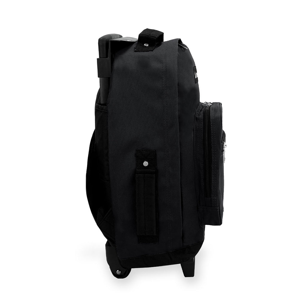 A stylish vintage wheeled backpack featuring a streamlined silhouette, padded shoulder straps, and a hidden zipper pocket.