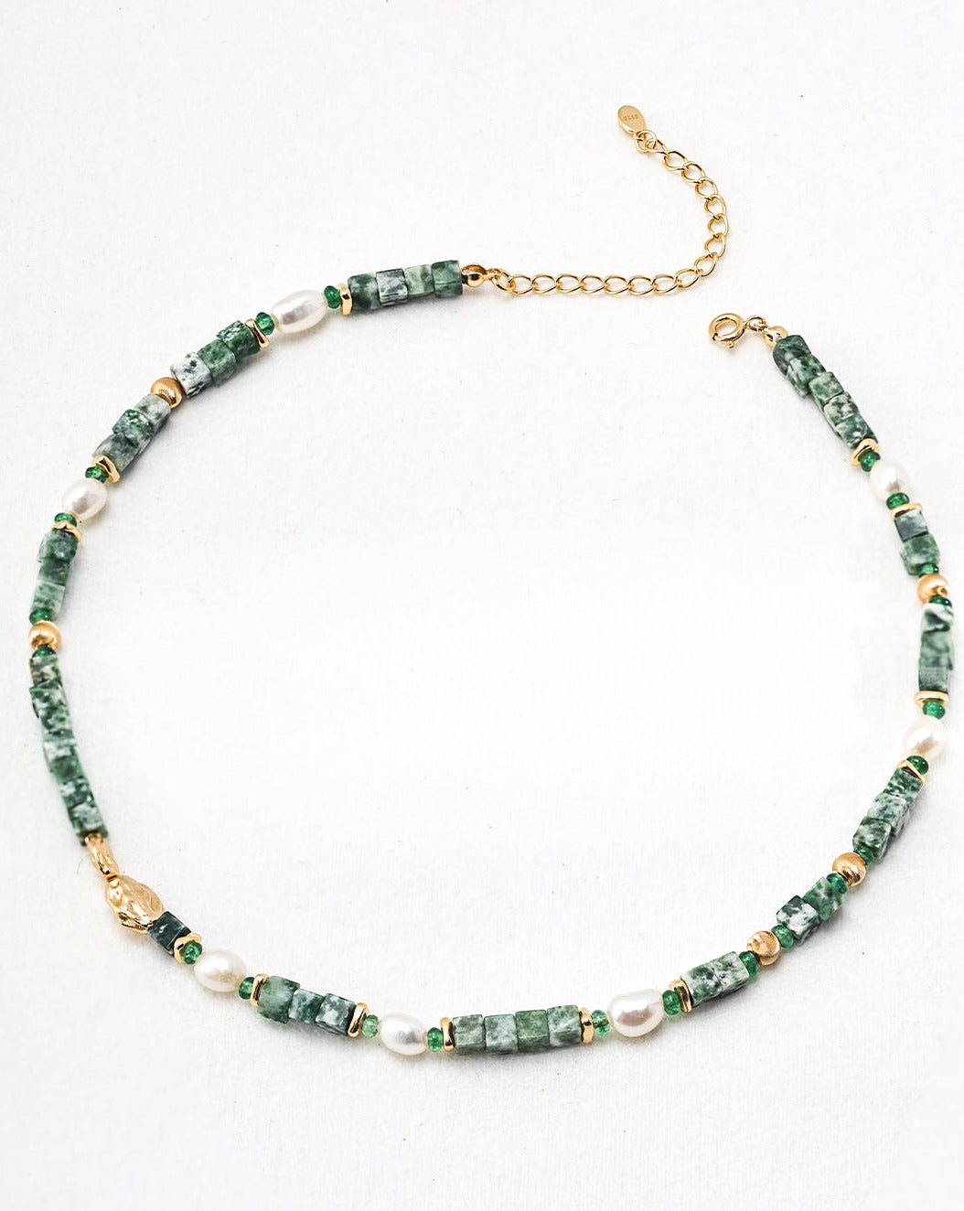 A beautiful Green Jade and Pearl Beaded Necklace featuring cubic jade beads and freshwater pearls, showcasing a harmonious blend of nature's elegance.