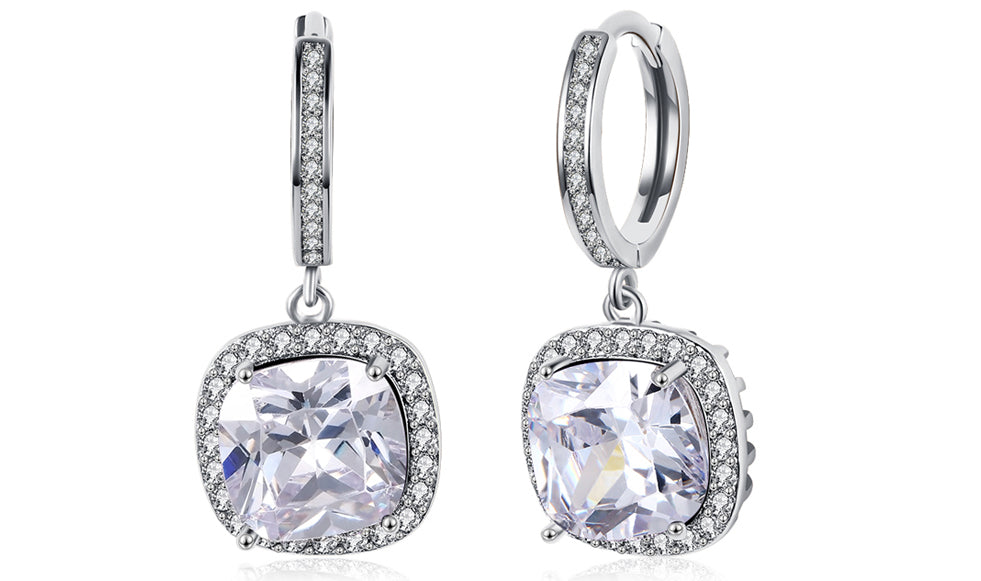 Elegant White Asscher Cut Dangling Lever Back Earrings in 14K White Gold, showcasing their brilliant sparkle and sophisticated design.