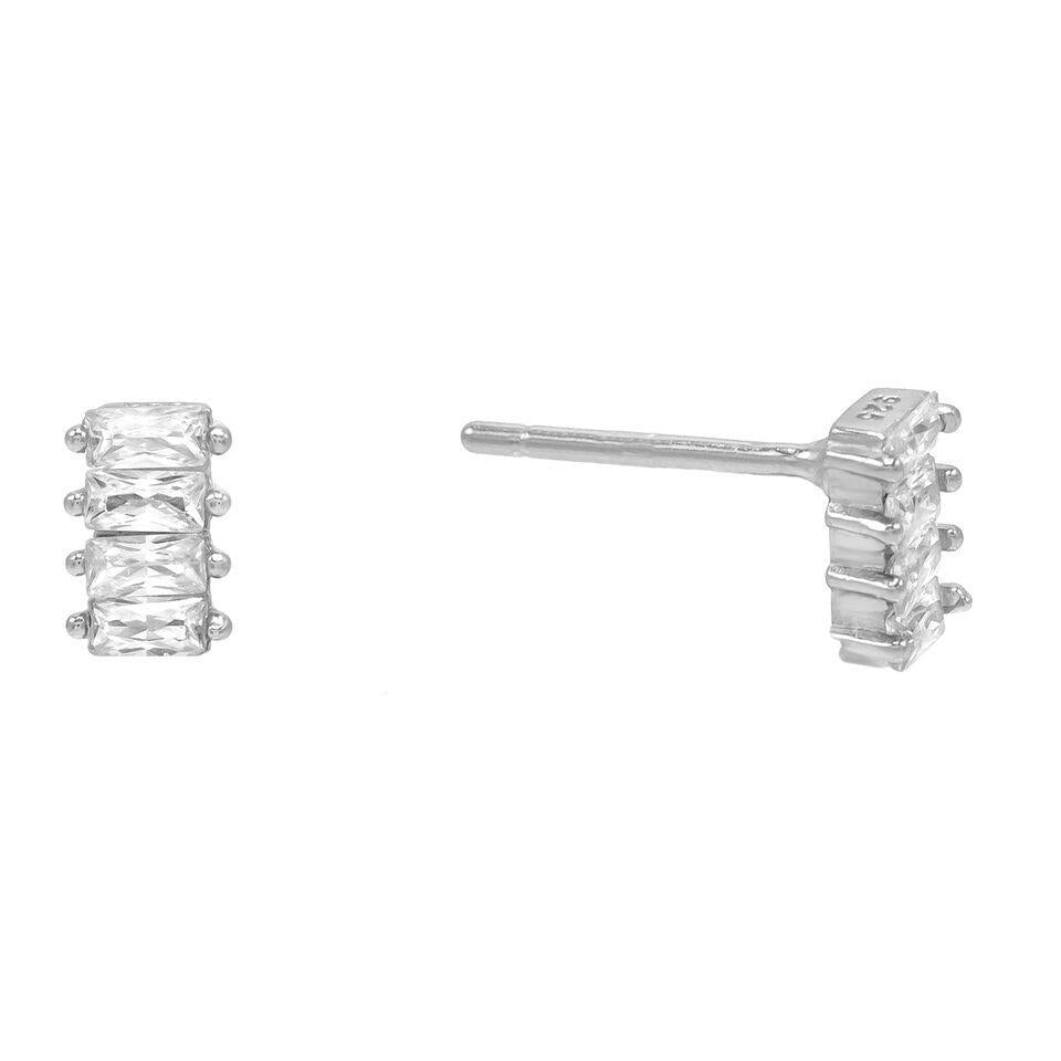 Elegant White Austrian Emerald Cut Linear Stud Earrings in 14K Gold, showcasing a sophisticated design with high-quality stones.