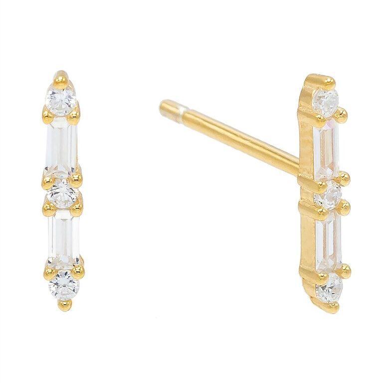 Elegant White Austrian Emerald Cut Linear Stud Earrings in 14K Gold, showcasing a sophisticated design with high-quality stones.