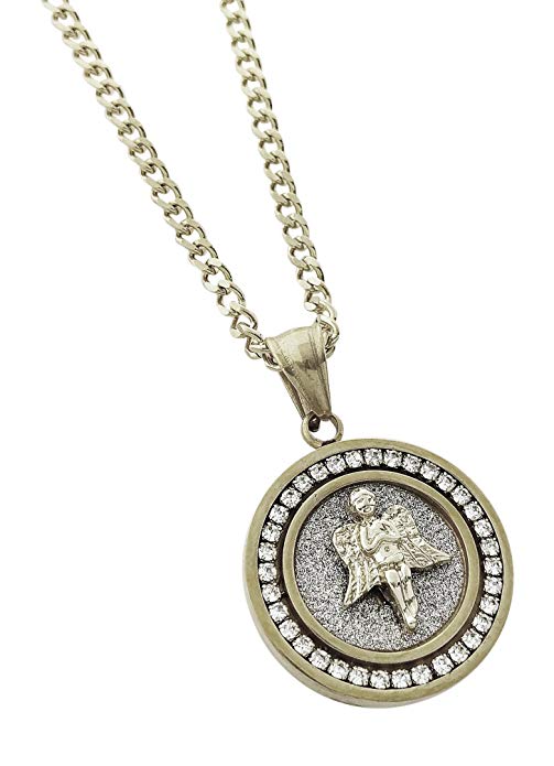 Elegant White Crystal Pavé Medallion Angel Necklace in 14K White Gold, featuring a circular pendant and link chain.