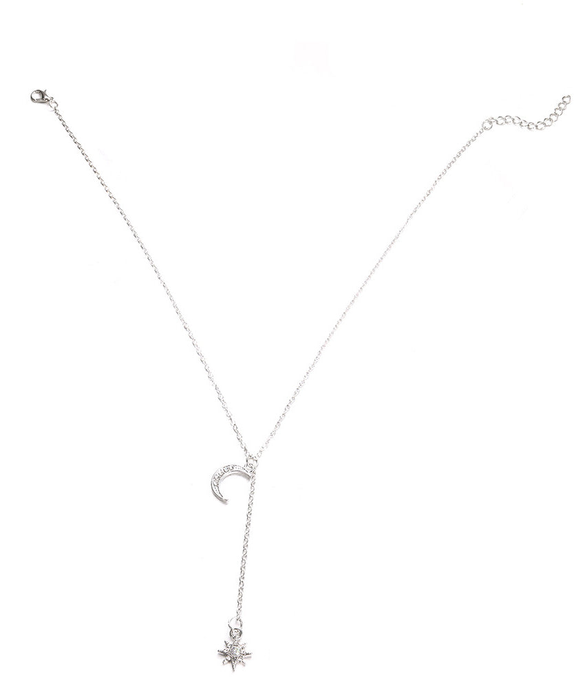 Elegant White Crystal Pav'e Star & Moon Lariat Necklace in 14K White Gold Plat featuring a star and moon pendant with sparkling AAAAA crystals.