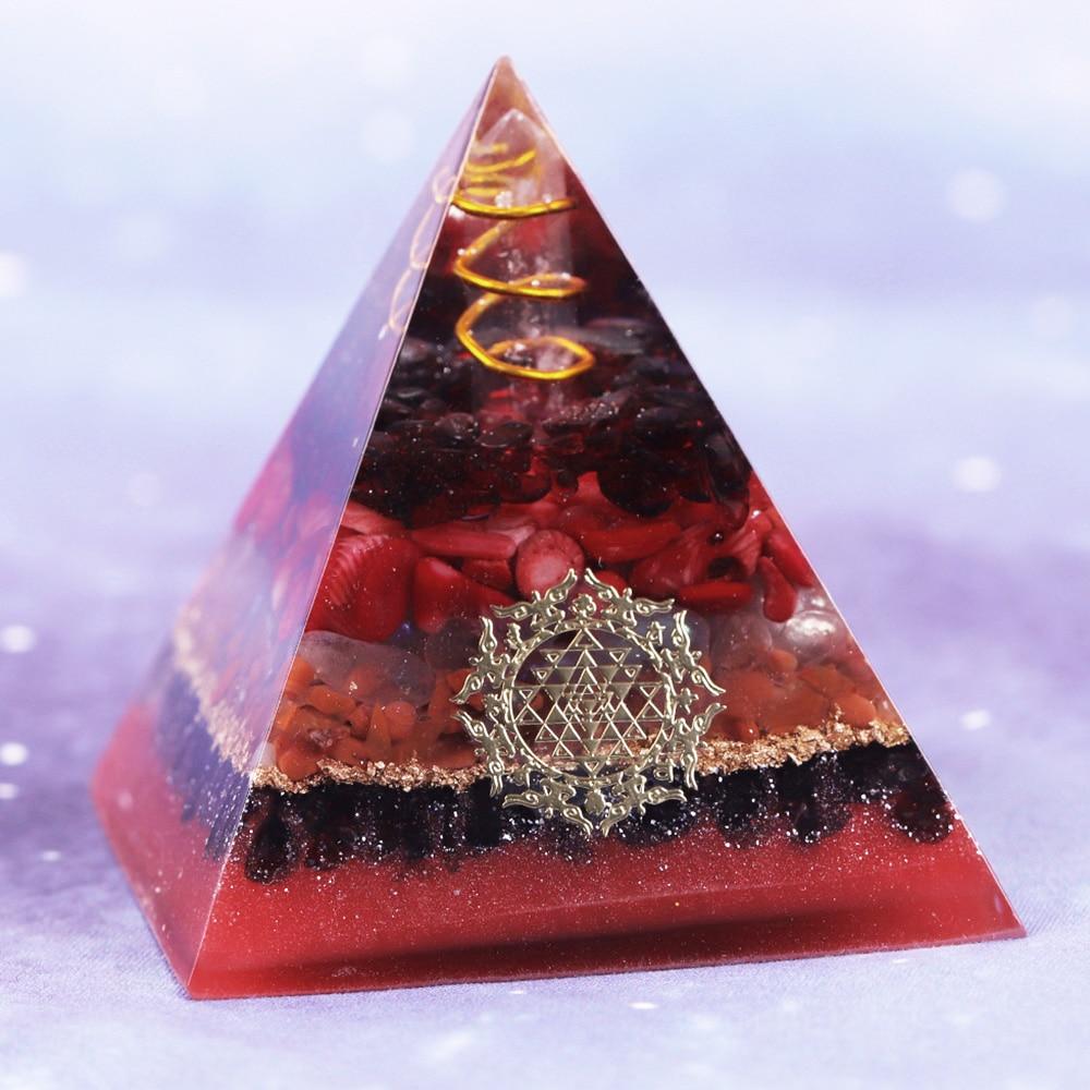 White Crystal Pillar Orgonite Pyramid featuring garnet and red coral, designed for EMF protection and energy healing.