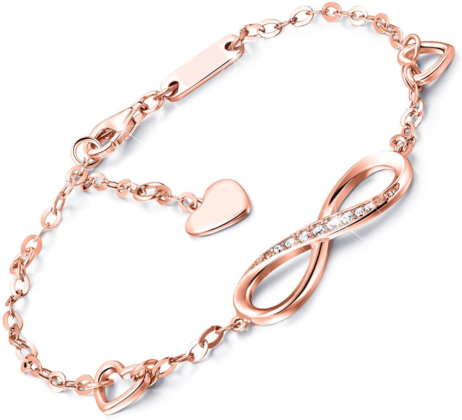 Elegant White Elements Infinite Pendant Chain Bracelet in 14K Rose Gold with a link chain and lobster clasp.