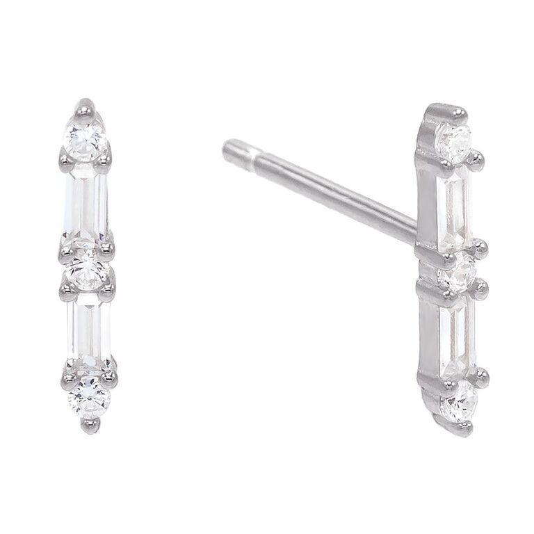 Elegant White Emerald Cut Linear Stud Earrings in 14K Gold, showcasing a stunning emerald cut stone set in a linear drop design.