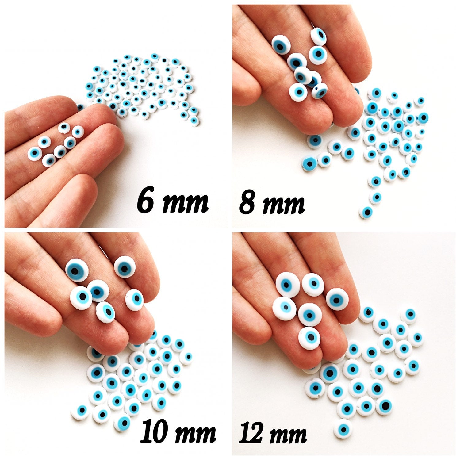 A collection of white evil eye beads in various sizes from 6mm to 12mm, showcasing their unique handmade designs.