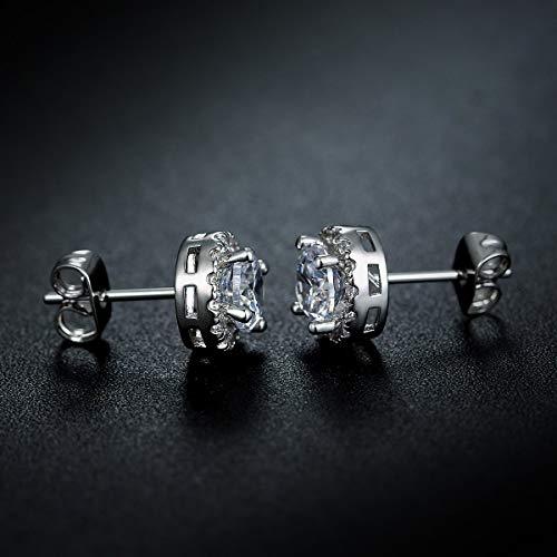Elegant White Halo Stud Earrings in Silver Plating featuring Swarovski Elements, available in circle and square designs.