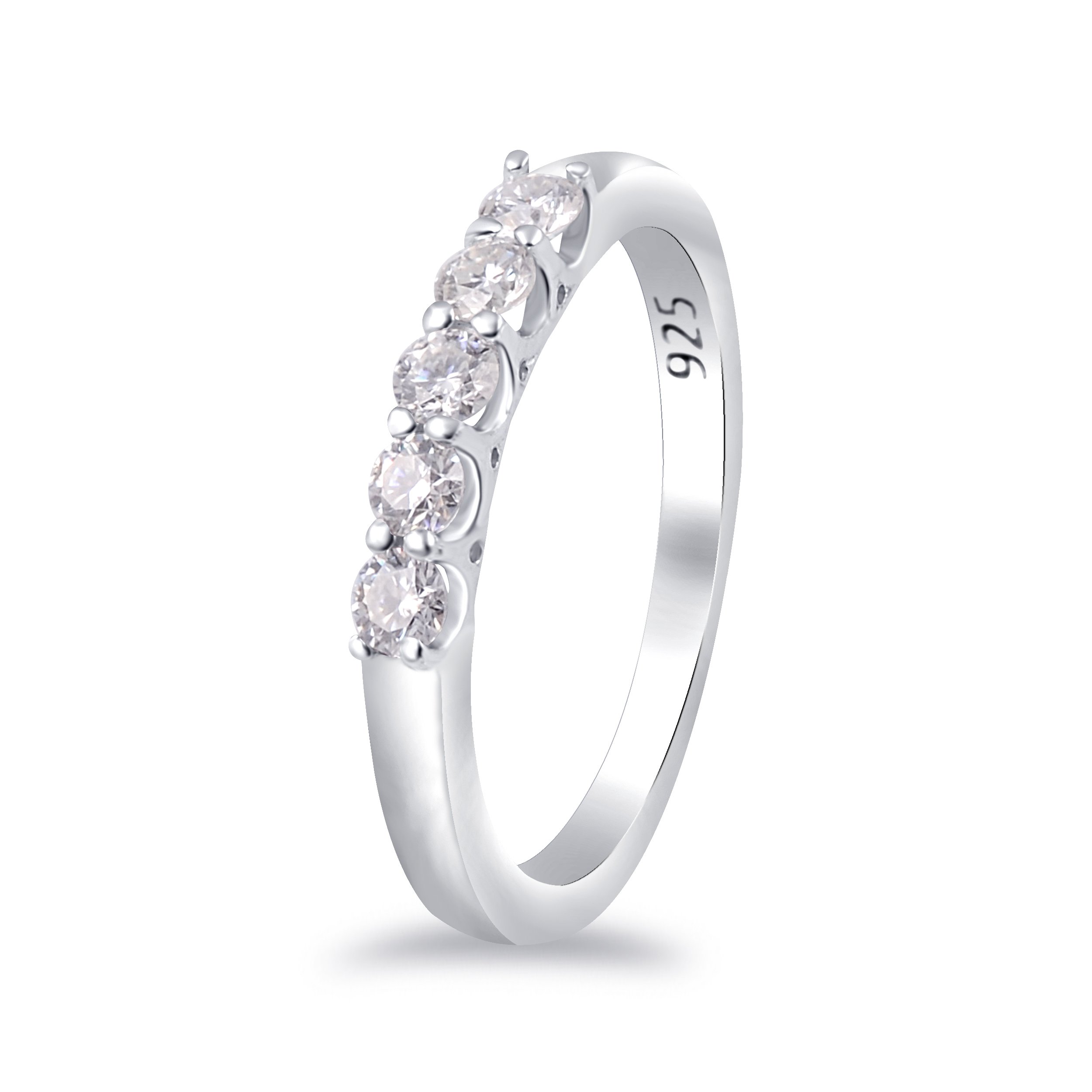 Elegant White Moissanite 5-Stone Ring in Sterling Silver, showcasing five round stones set in a polished band.