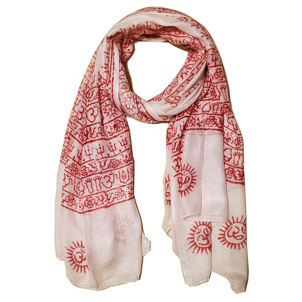 A luxurious white scarf featuring intricate Om symbols and Sanskrit writing, designed for meditation and traditional headwear.