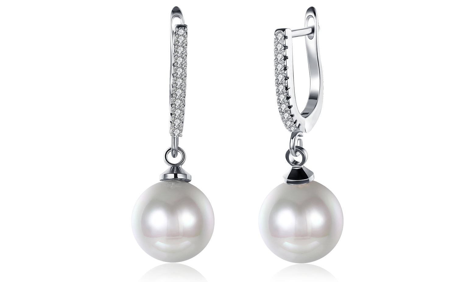 Elegant White Sapphire Thin Dangling Freshwater Pearl Clip On Earrings in 14K white gold plating, showcasing shimmering stones and pearls.