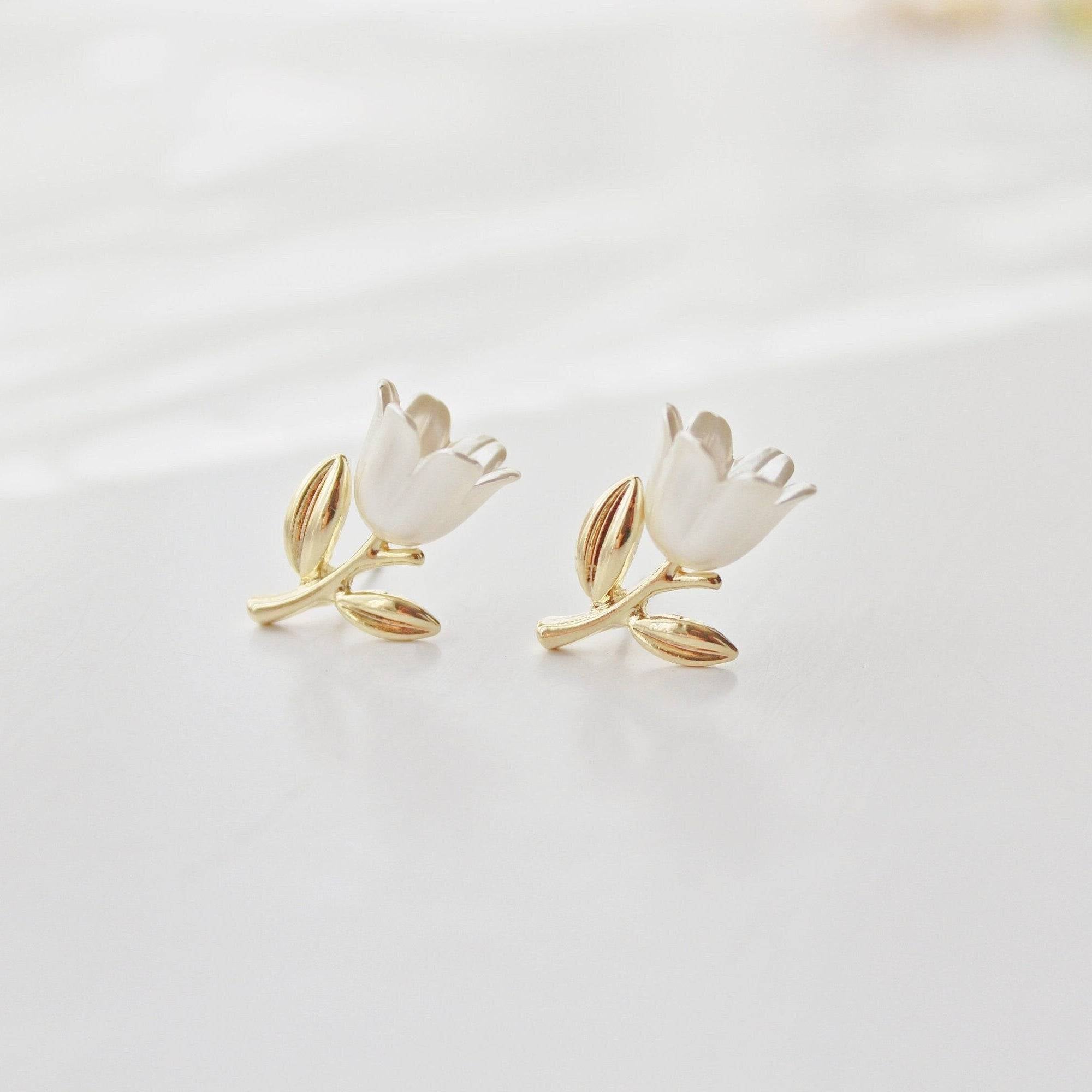 Elegant White Tulip Earrings featuring silky white flowers and gold leaves, perfect for gifting or personal wear.