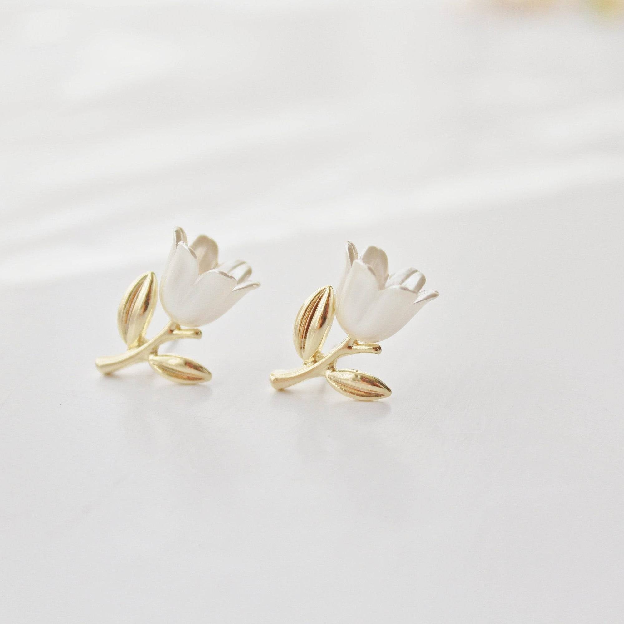 Elegant White Tulip Earrings featuring silky white flowers and gold leaves, perfect for gifting or personal wear.