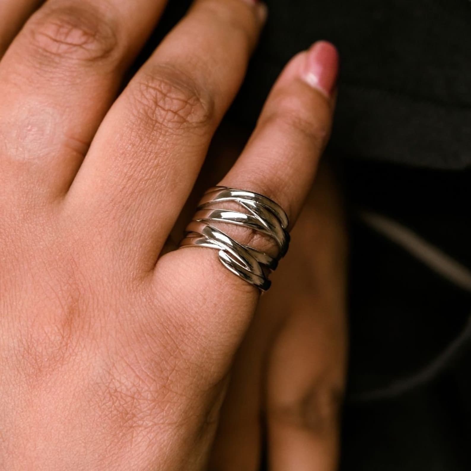 Wide Silver Thumb Punk Vintage Multilayer Twisted Statement Ring showcasing intricate twisted design and sterling silver finish.