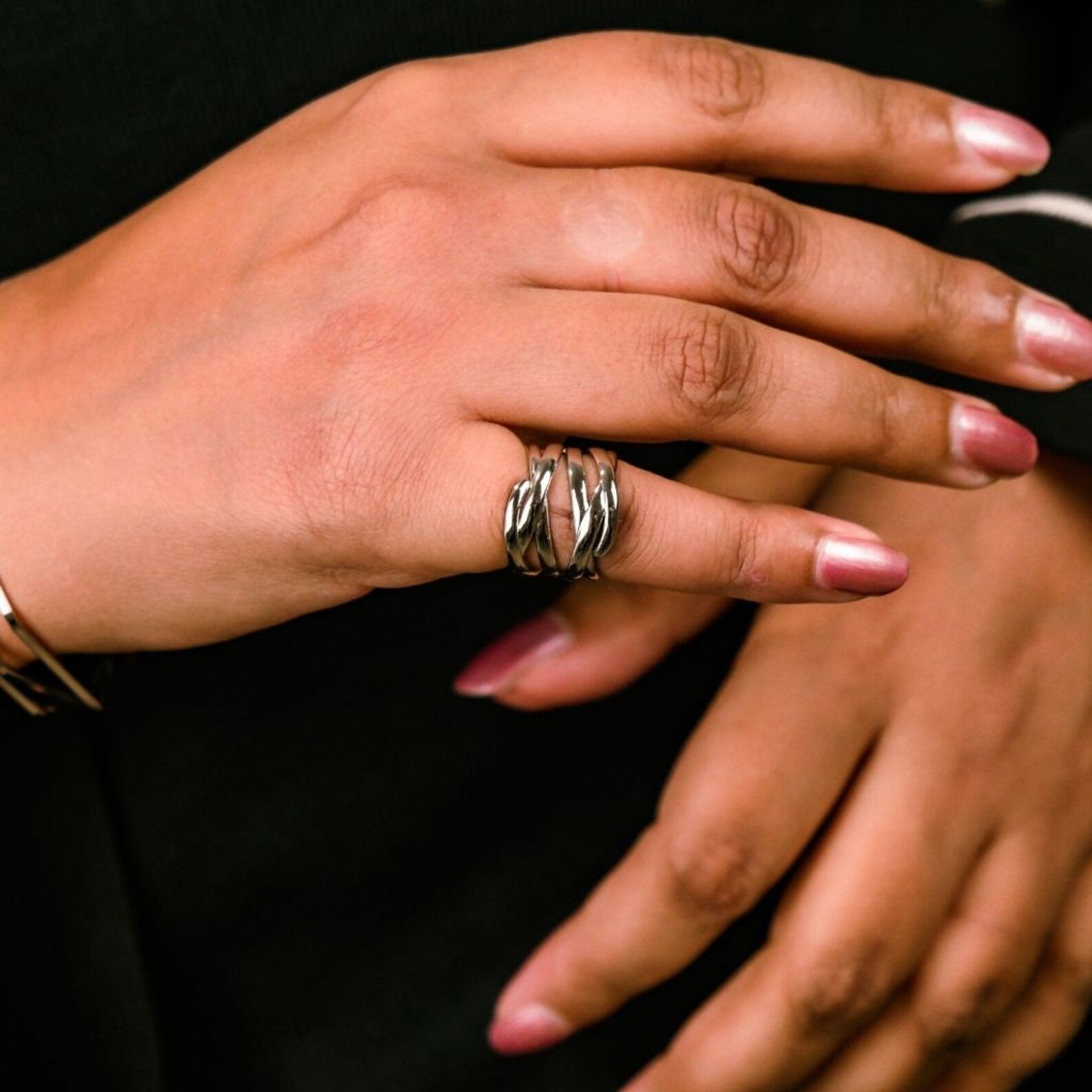 Wide Silver Thumb Punk Vintage Multilayer Twisted Statement Ring showcasing intricate twisted design and sterling silver finish.
