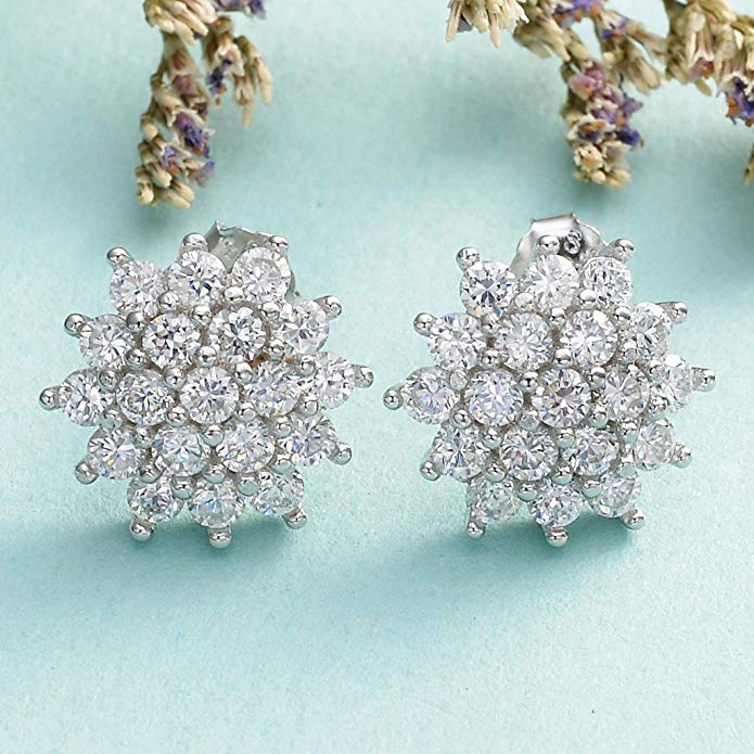 Winter Wonderland Snowflake Stud Earrings featuring rhodium plating and sparkling cubic zirconia stones in a delicate snowflake design.