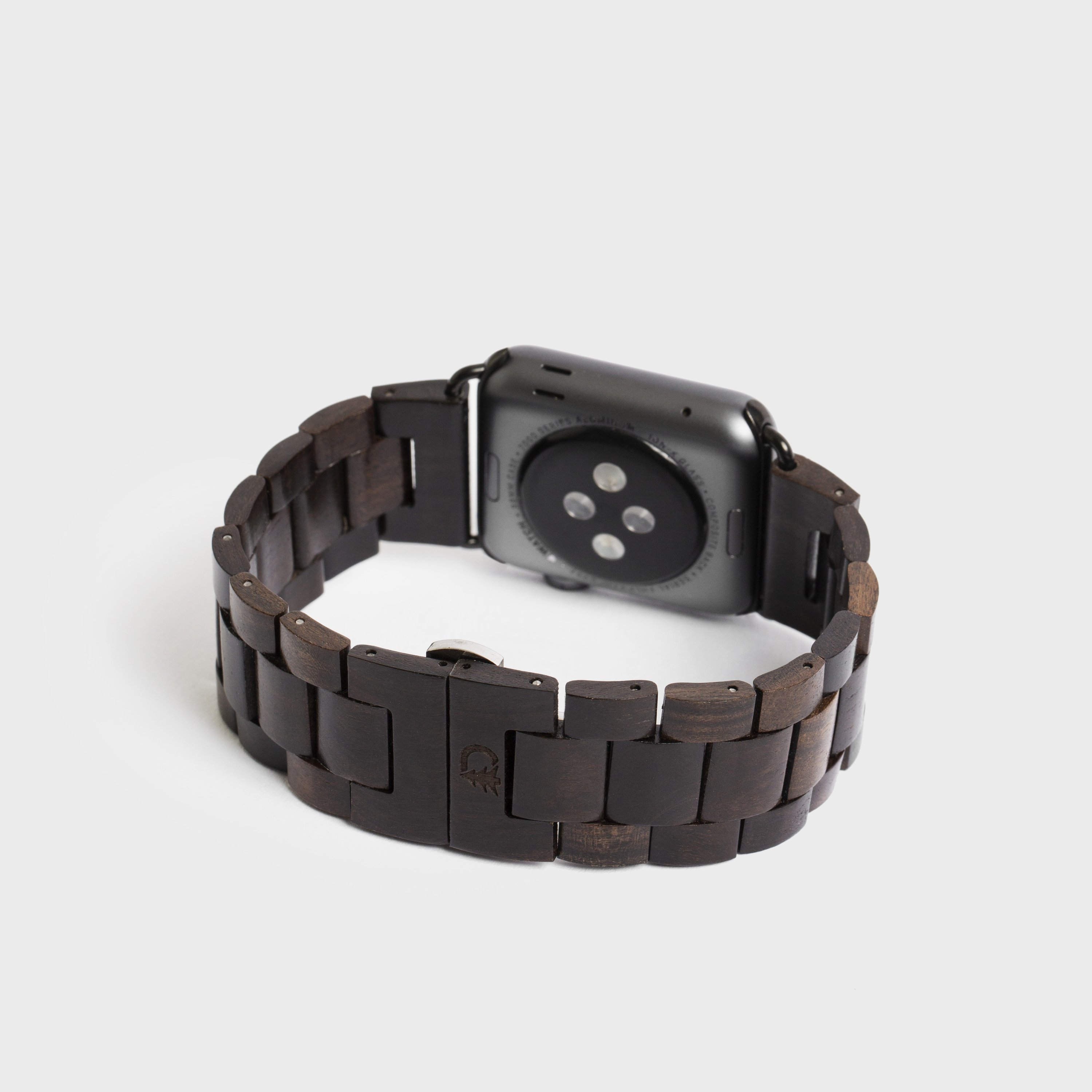 Wood Apple Watch Band featuring a natural wood finish and stainless steel buckle, designed for comfort and style.