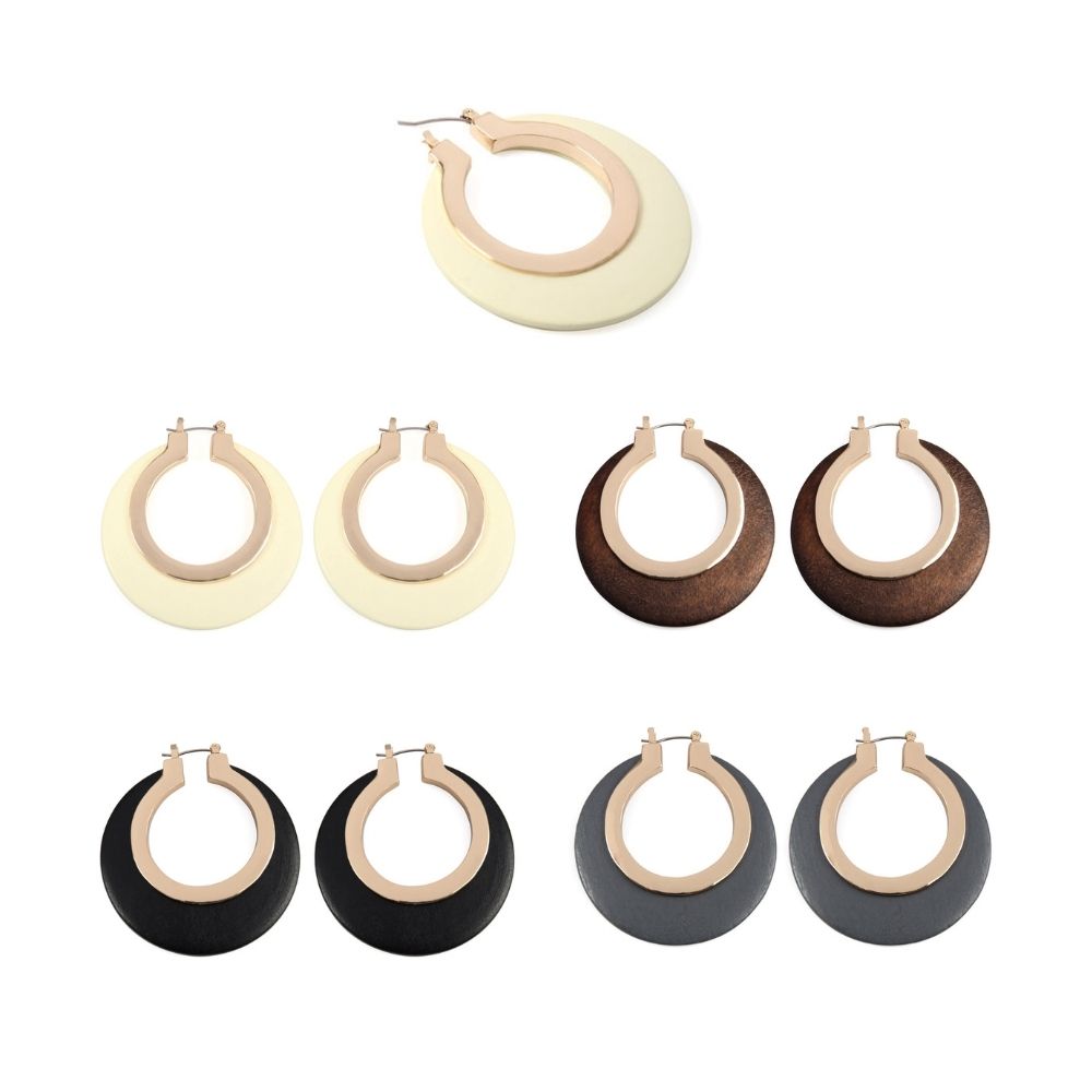 A pair of Wood In Metal Hinge Hoop Earrings showcasing a blend of natural wood and metal in vibrant colors.