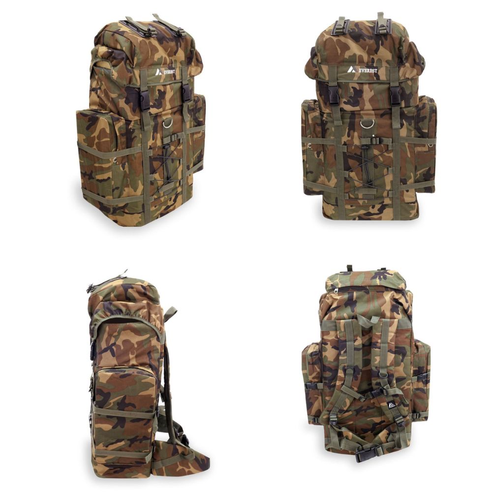 Woodland Camo Hiking Pack featuring rugged design, adjustable straps, and multiple storage pockets.