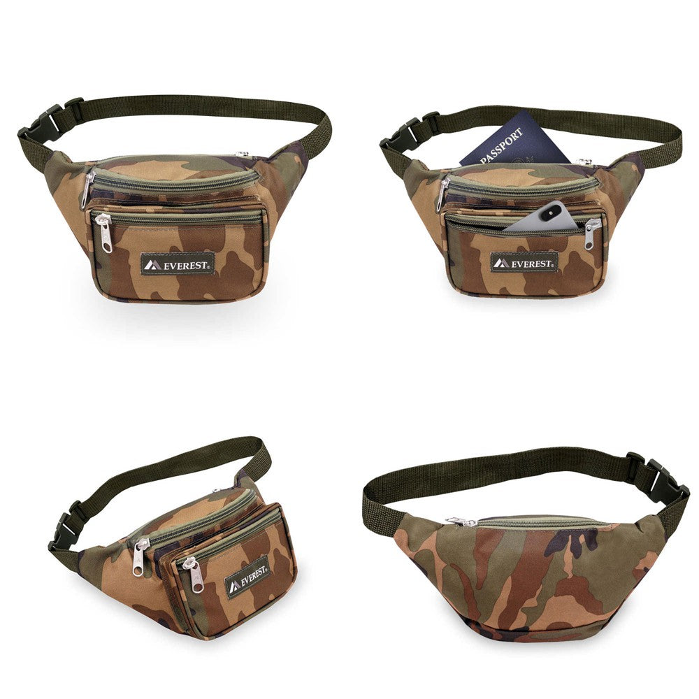 Woodland Camo Waist Pack featuring three zippered compartments and a snap waist buckle, made from durable 600D polyester.
