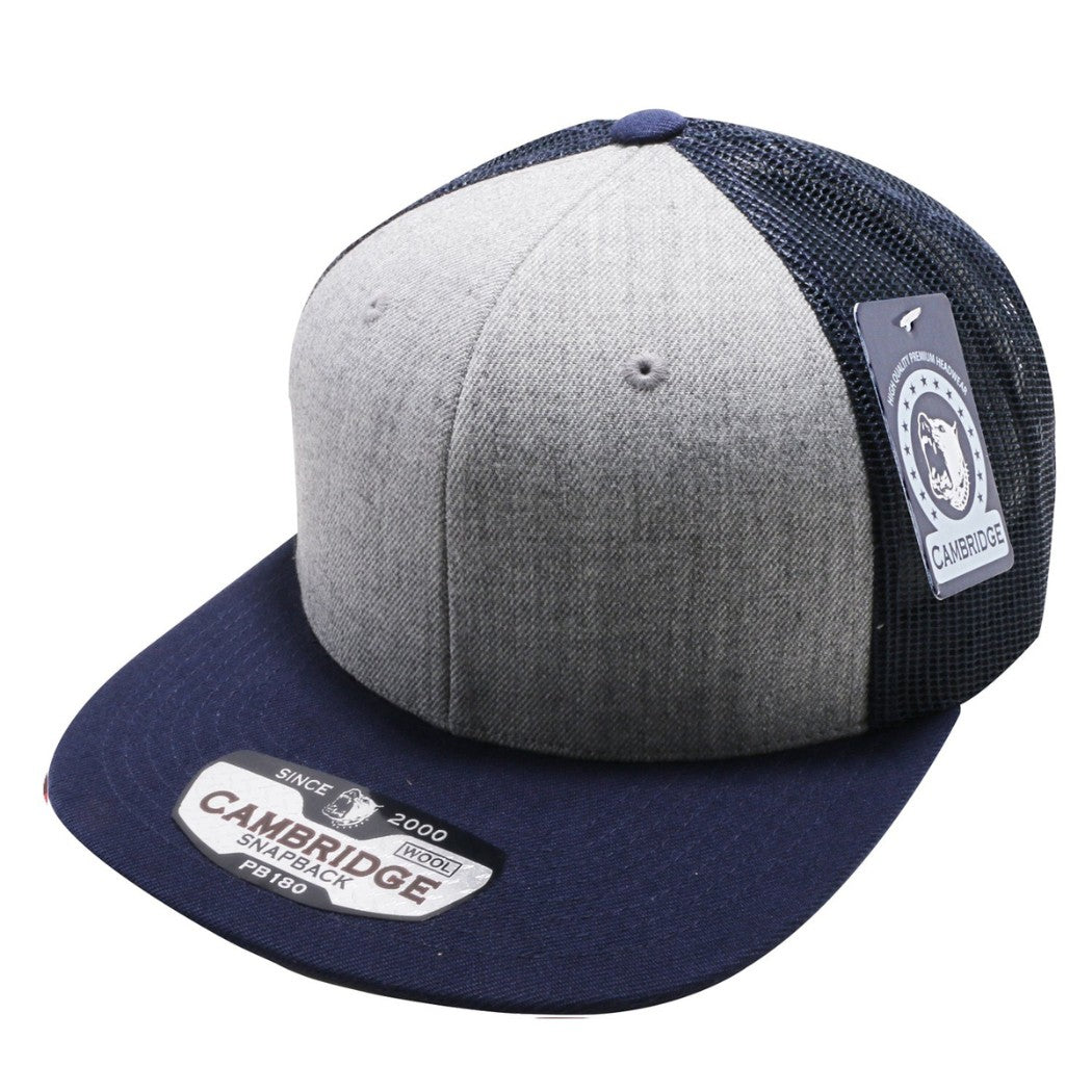 A pack of six wool blend trucker hats featuring a high profile, flat visor, and adjustable snap closure, showcasing their stylish design.