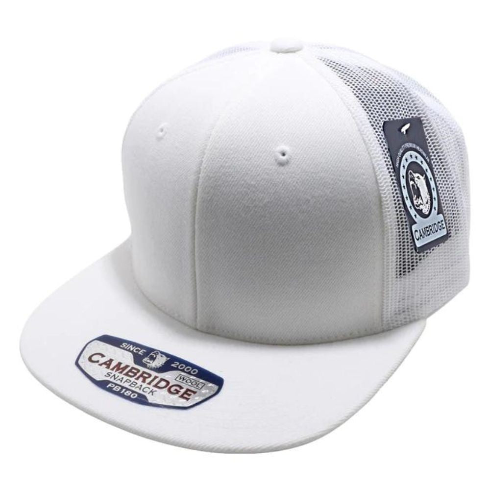 A pack of six wool blend trucker hats featuring a high profile, flat visor, and adjustable snap closure, showcasing their stylish design.