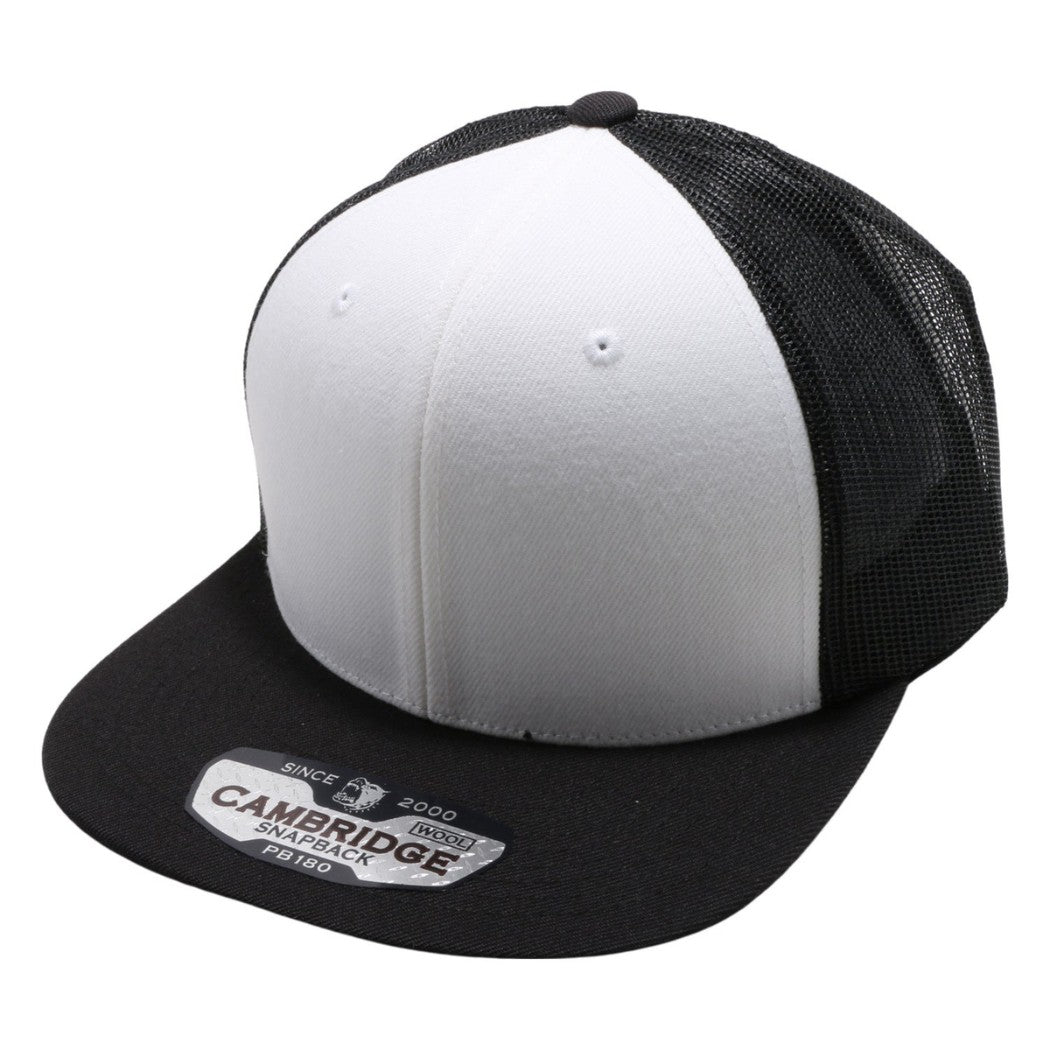 A pack of six wool blend trucker hats featuring a high profile, flat visor, and adjustable snap closure, showcasing their stylish design.