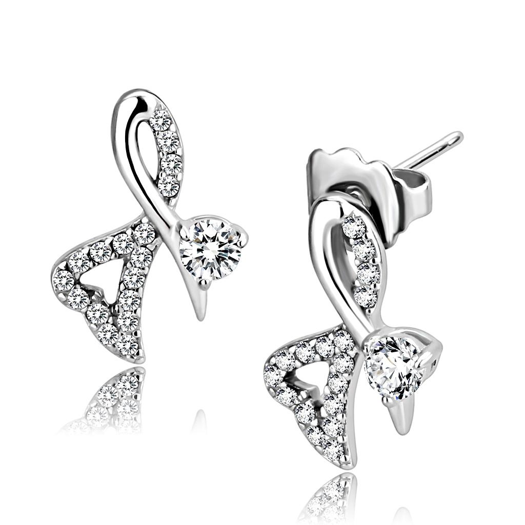 Elegant women stainless steel earrings featuring clear round cubic zirconia stones, high polished finish for a brilliant shine.
