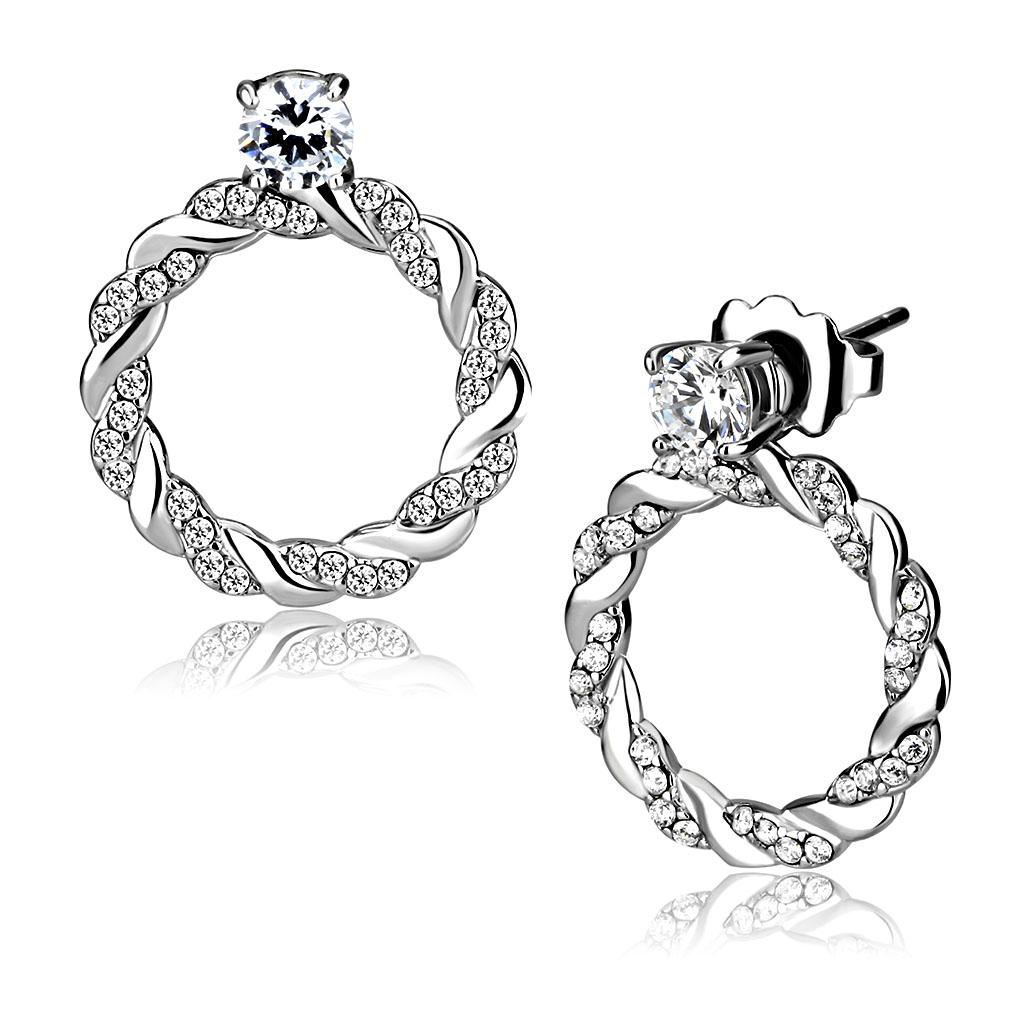 Elegant women stainless steel earrings featuring clear round cubic zirconia stones, high-polished finish, and hypoallergenic design.