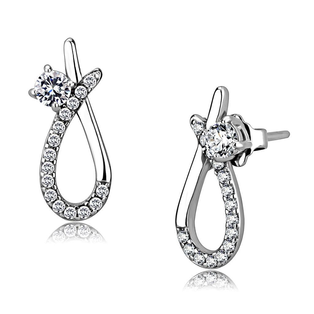 Elegant women stainless steel earrings featuring clear round cubic zirconia stones, high-polished finish, perfect for any occasion.