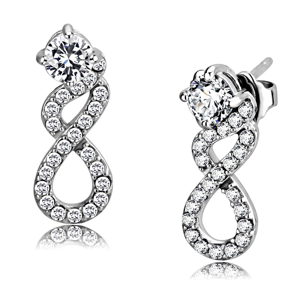 Elegant women stainless steel earrings featuring clear round cubic zirconia stones, high-polished finish, and hypoallergenic design.