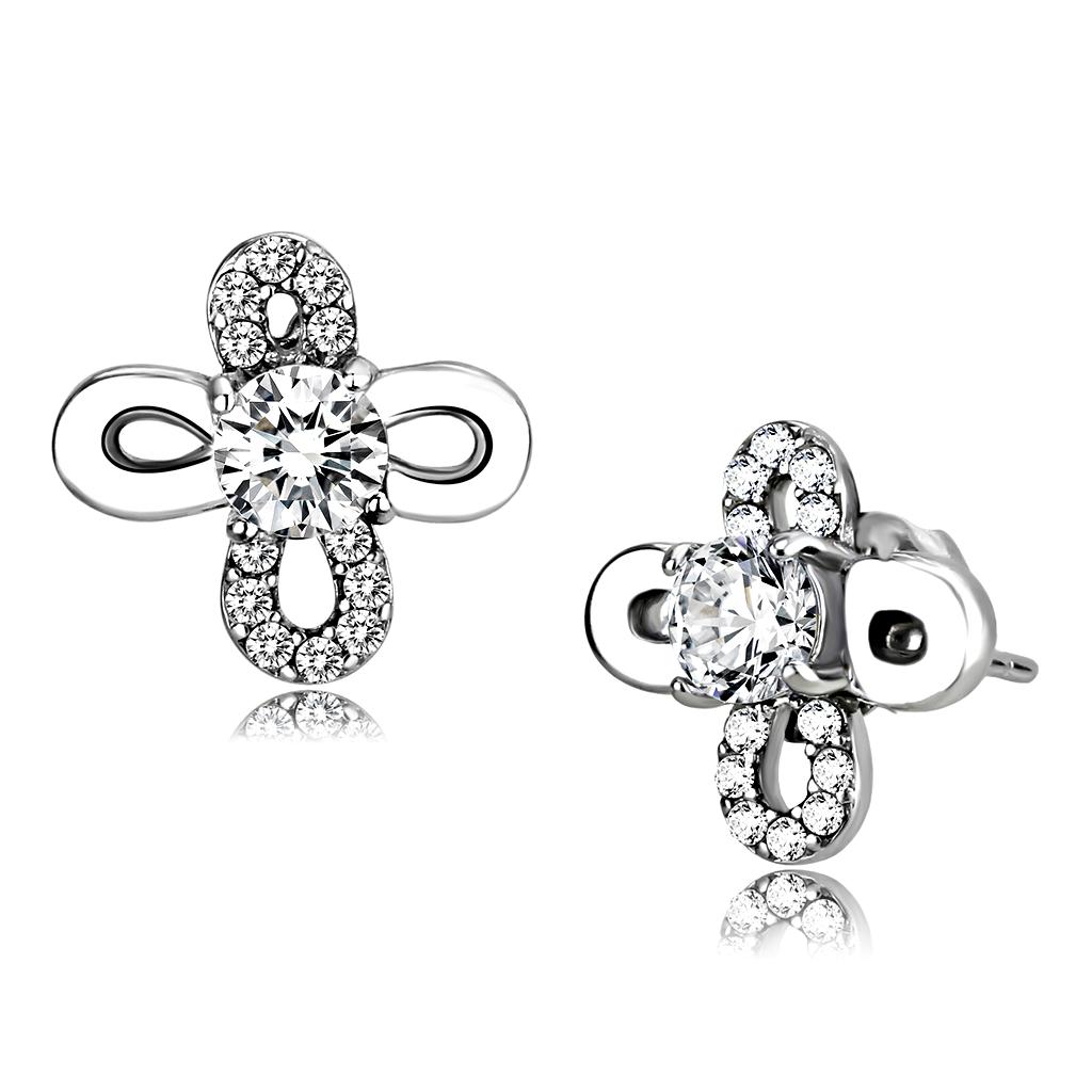 Elegant women stainless steel earrings featuring clear round cubic zirconia stones, high-polished finish, perfect for any occasion.