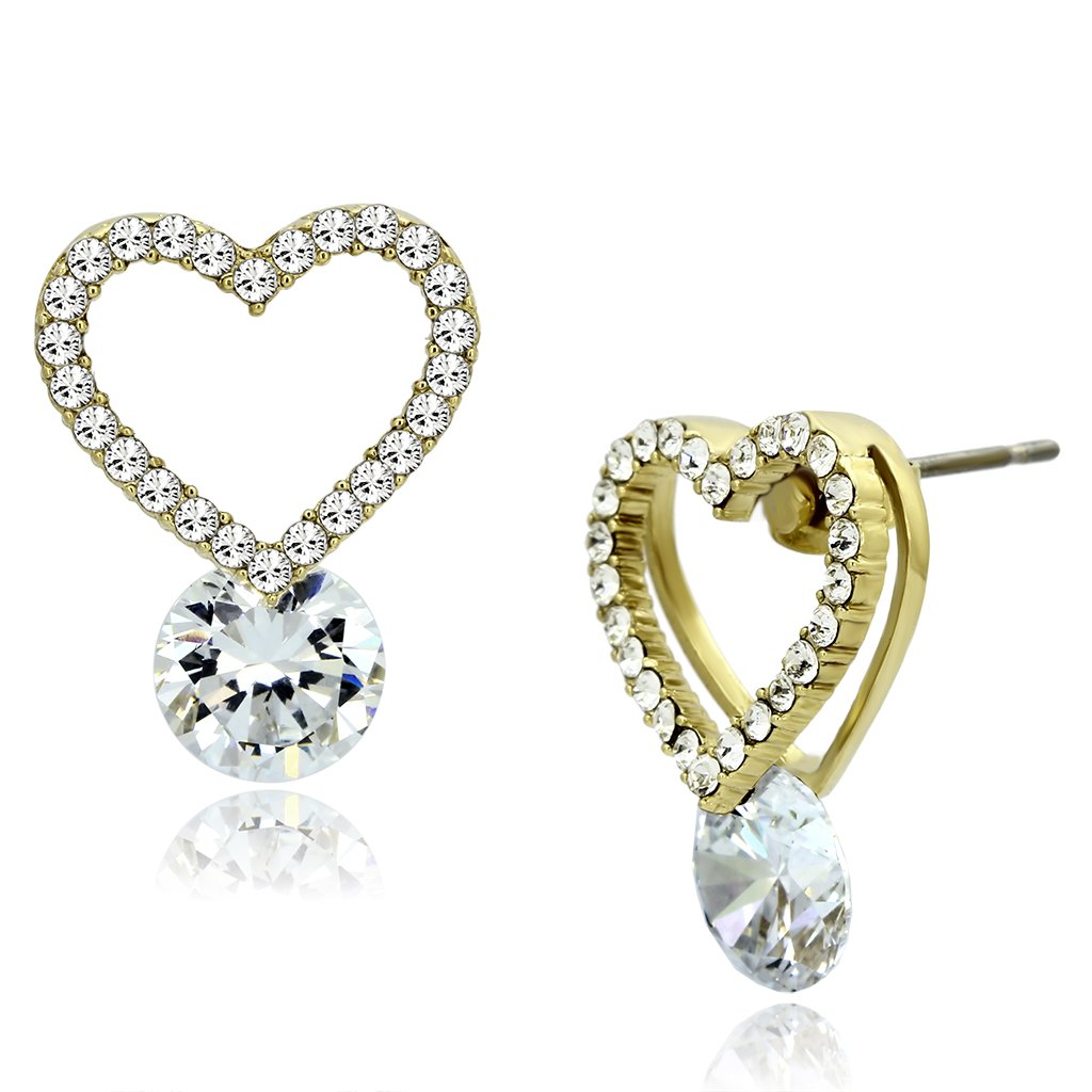 Elegant women stainless steel earrings with cubic zirconia stones, featuring a gold ion plating finish.