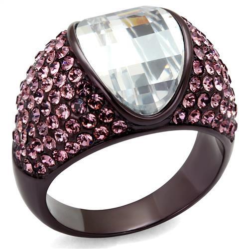 A stylish women's stainless steel ring featuring cubic zirconia stones in an oval design with an IP dark brown finish.