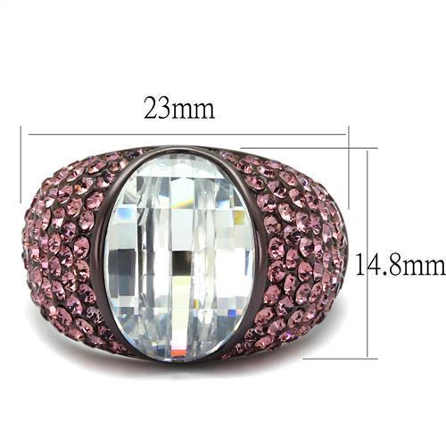 A stylish women's stainless steel ring featuring cubic zirconia stones in an oval design with an IP dark brown finish.