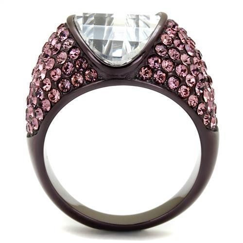 A stylish women's stainless steel ring featuring cubic zirconia stones in an oval design with an IP dark brown finish.