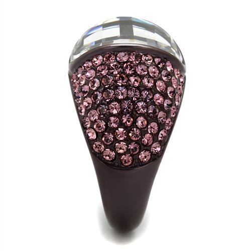 A stylish women's stainless steel ring featuring cubic zirconia stones in an oval design with an IP dark brown finish.