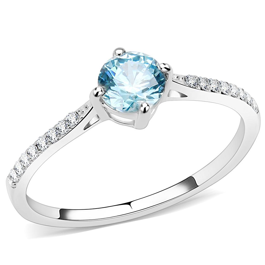 Women Stainless Steel Cubic Zirconia Ring featuring a round sea blue stone, high polished finish, and elegant design.