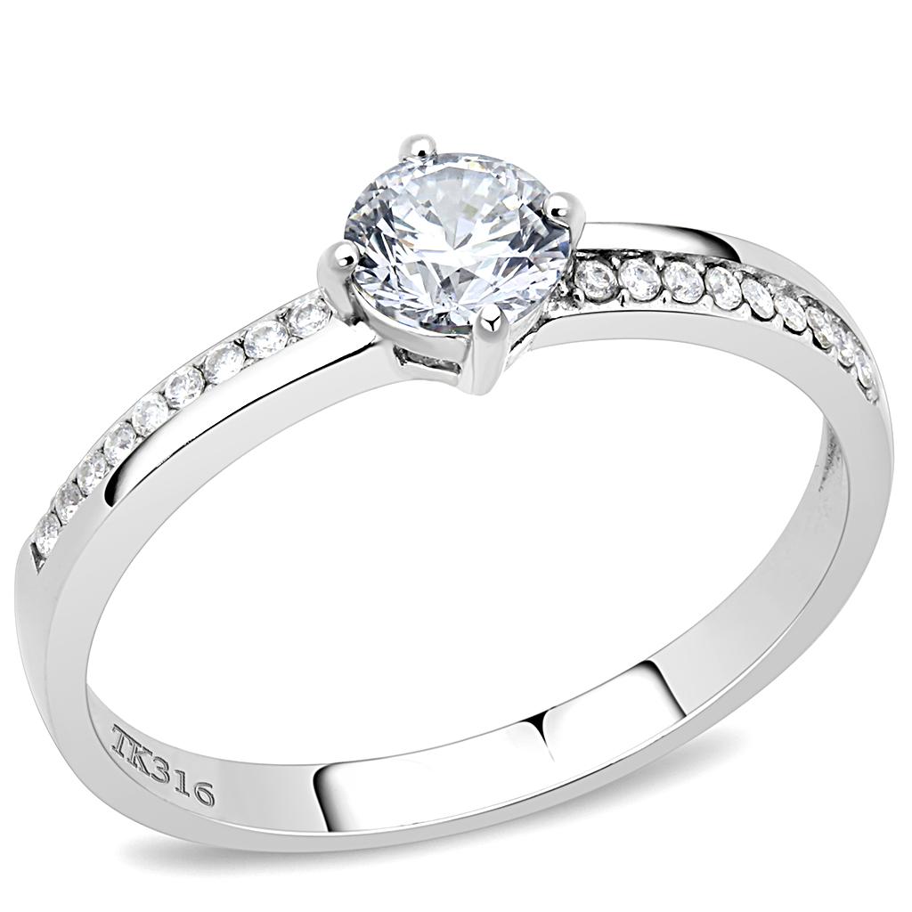 Elegant Women Stainless Steel Ring with Clear Round Cubic Zirconia, showcasing a high-polished finish.