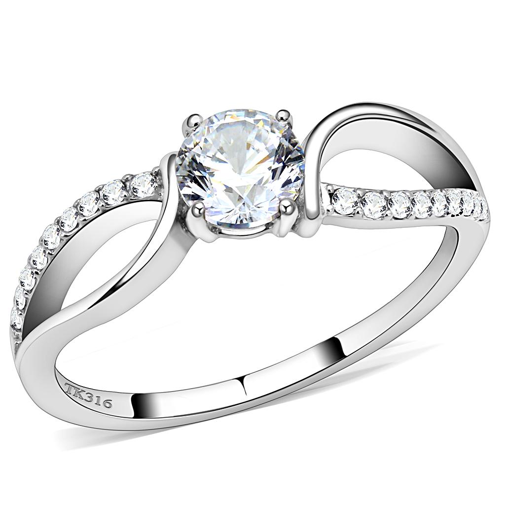 Elegant Women Stainless Steel Ring with Clear Cubic Zirconia, showcasing a high-polished finish and round stone design.