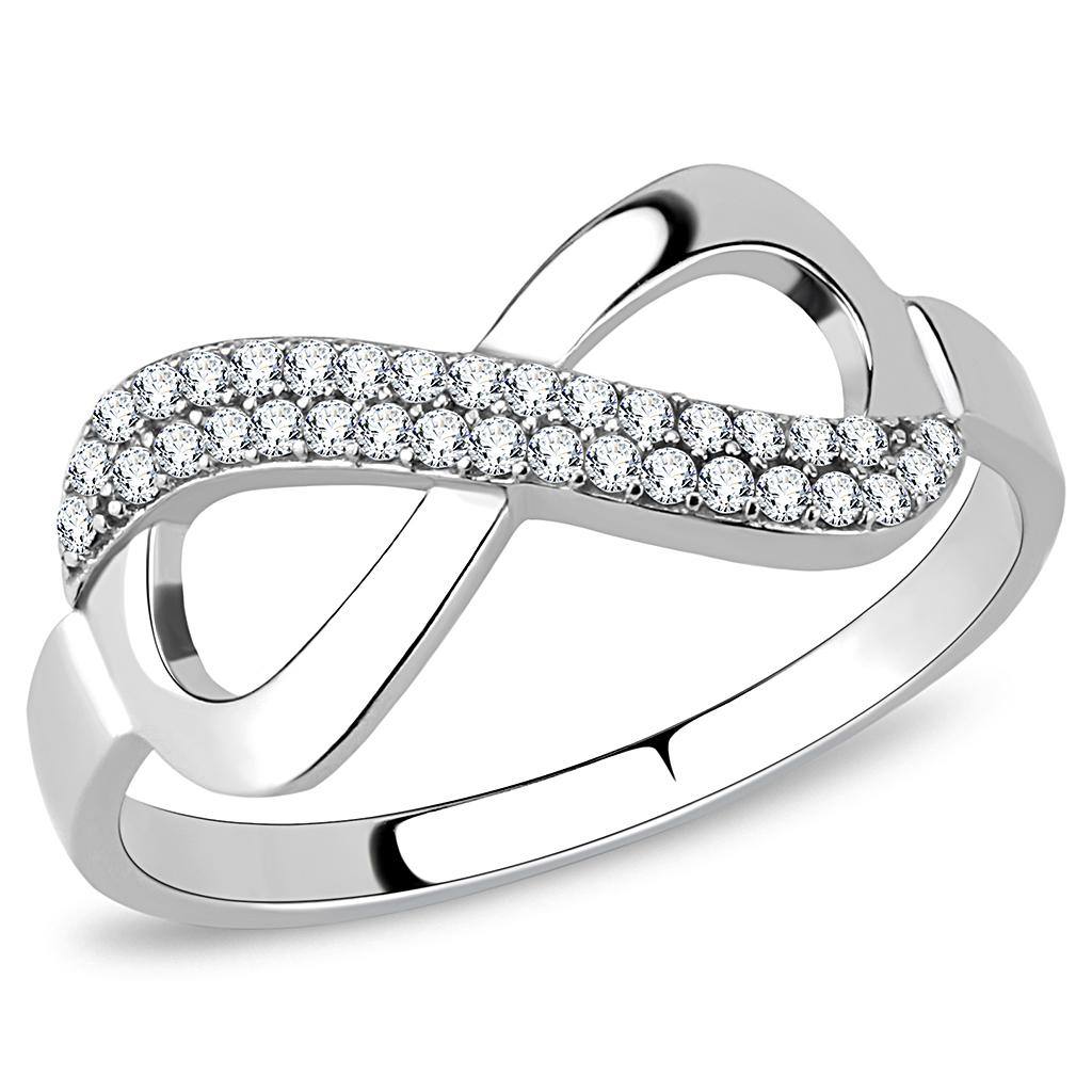 Elegant women's stainless steel ring with clear cubic zirconia stones, showcasing a high-polished finish.