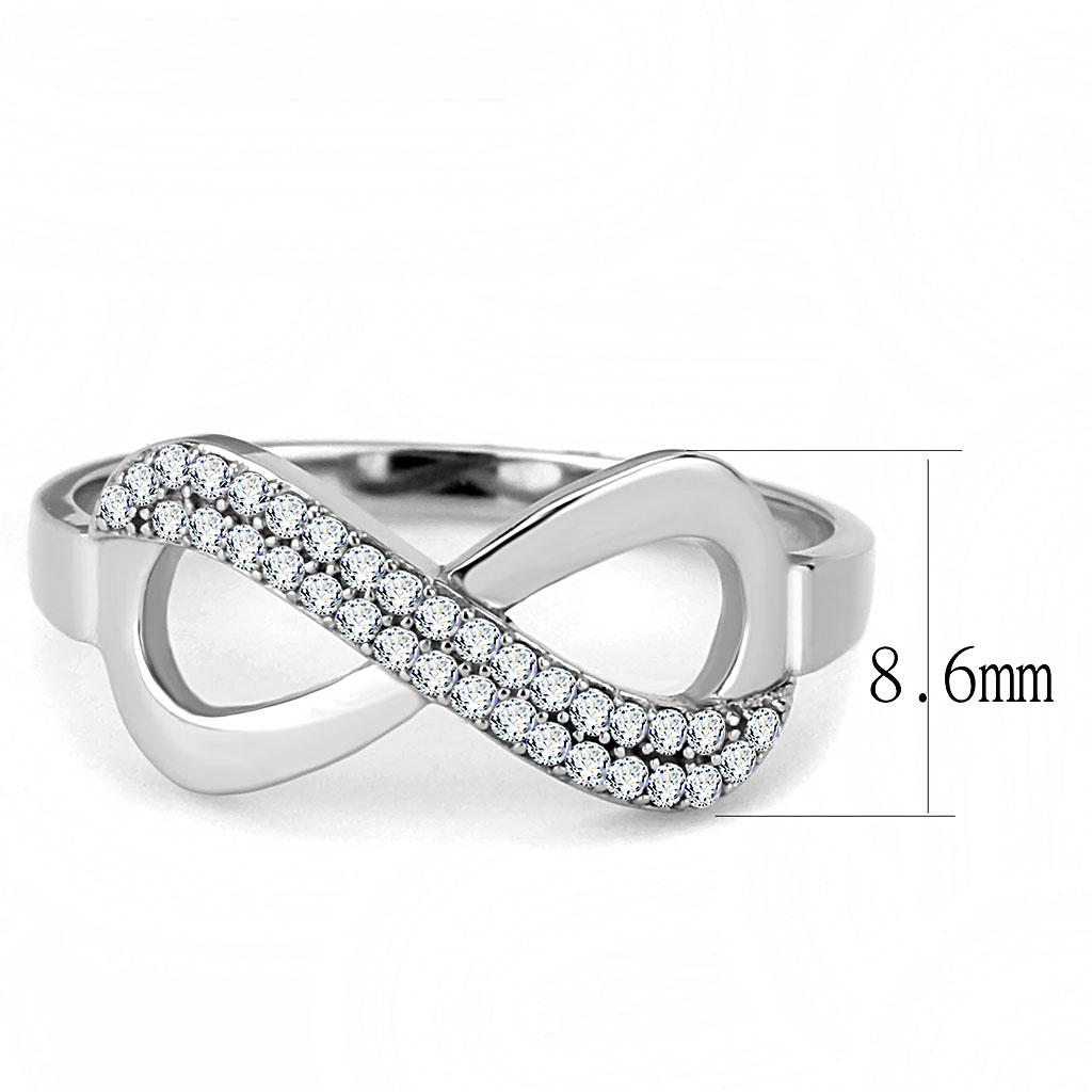 Elegant women's stainless steel ring with clear cubic zirconia stones, showcasing a high-polished finish.