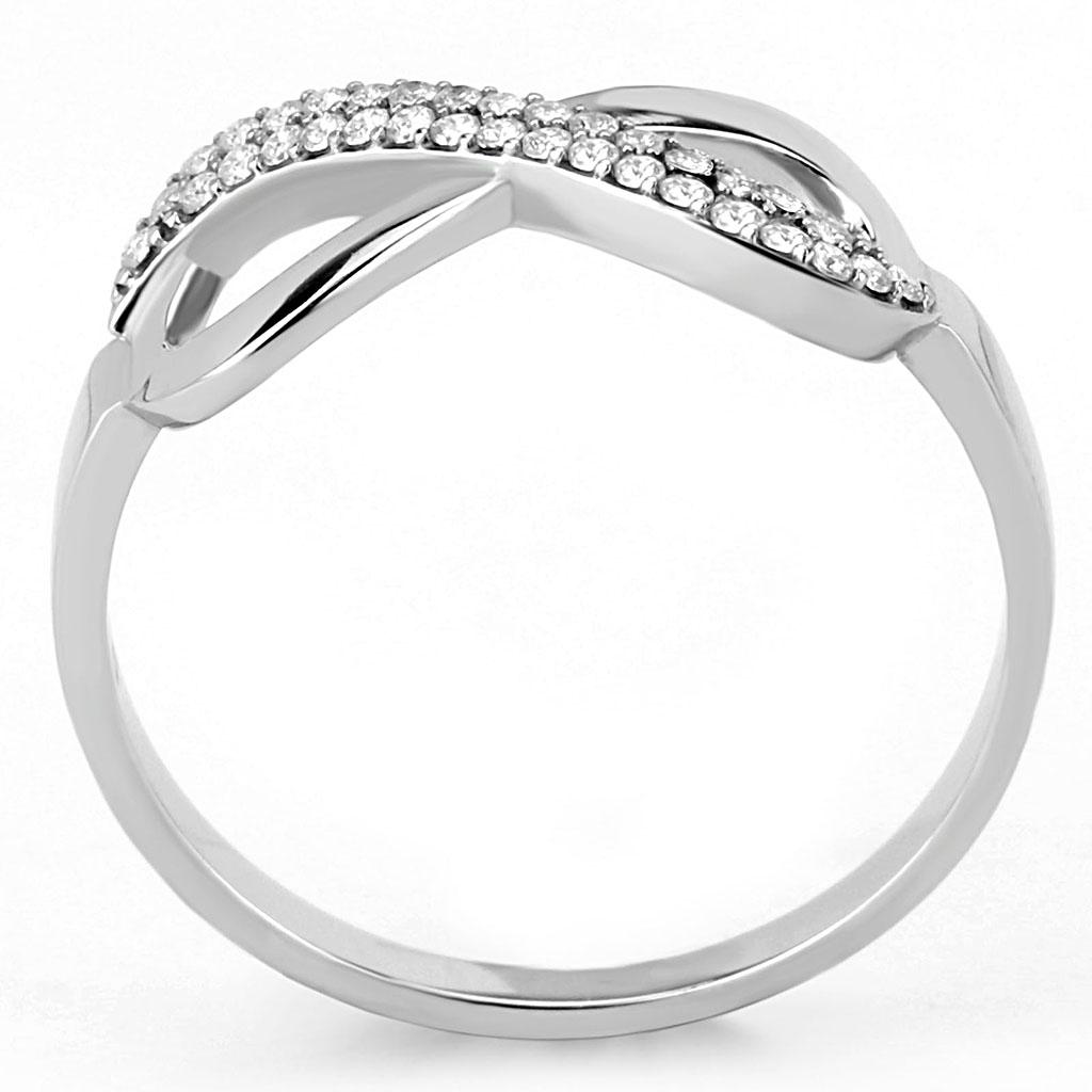 Elegant women's stainless steel ring with clear cubic zirconia stones, showcasing a high-polished finish.