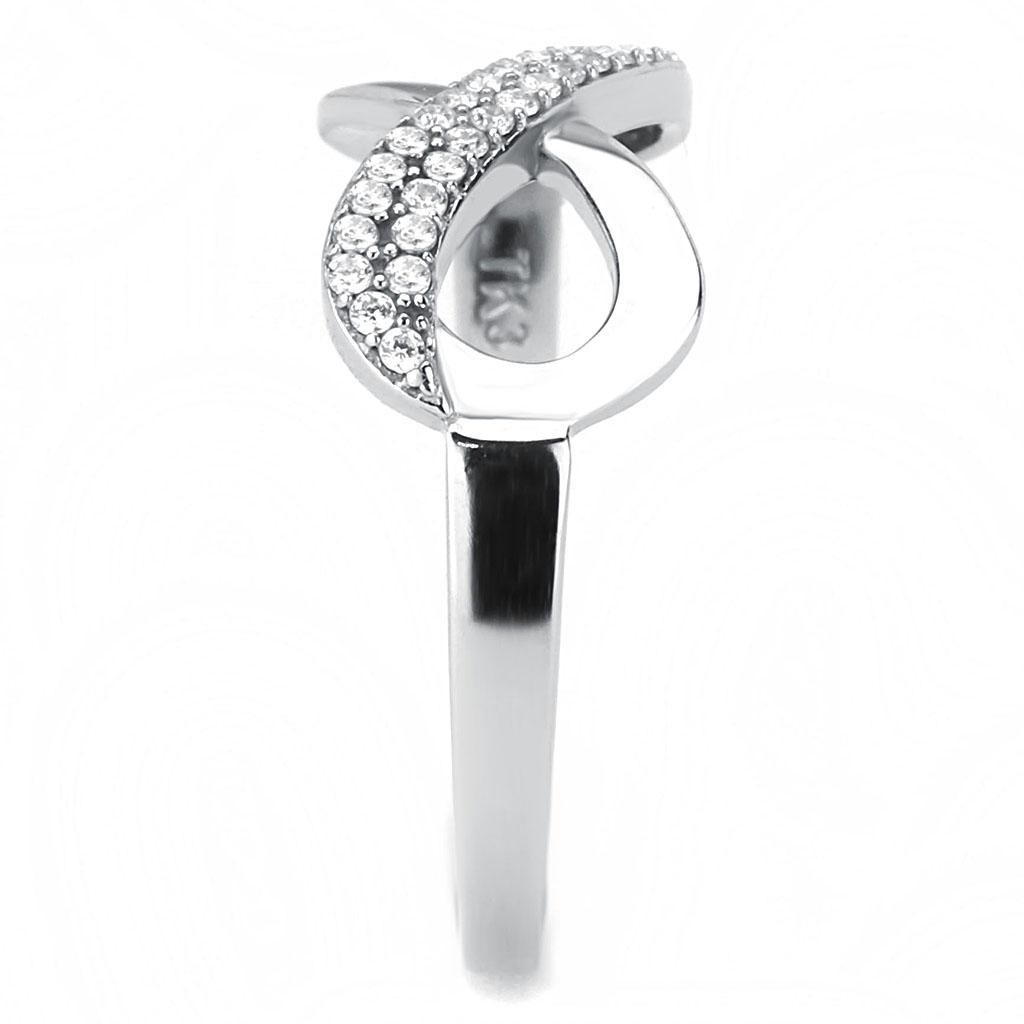 Elegant women's stainless steel ring with clear cubic zirconia stones, showcasing a high-polished finish.