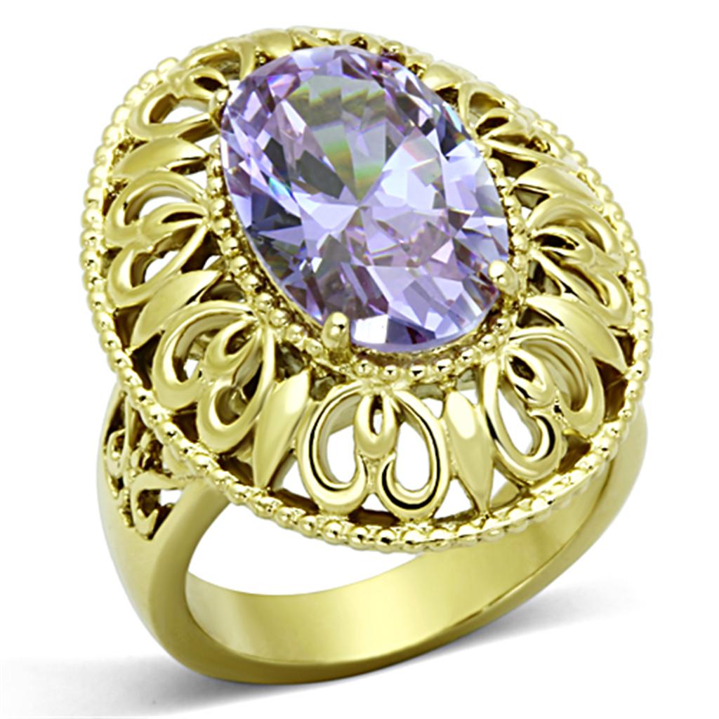 Women Stainless Steel Cubic Zirconia Ring TK1110 featuring light amethyst stone and IP gold plating, showcasing elegance and durability.