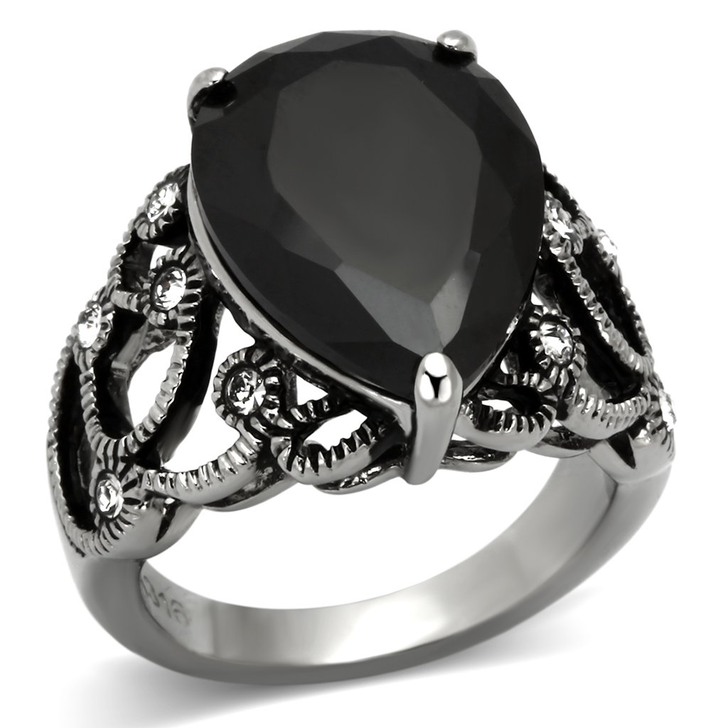 Elegant Women Stainless Steel Ring with Jet Cubic Zirconia, high-polished finish, showcasing its stunning design and quality craftsmanship.
