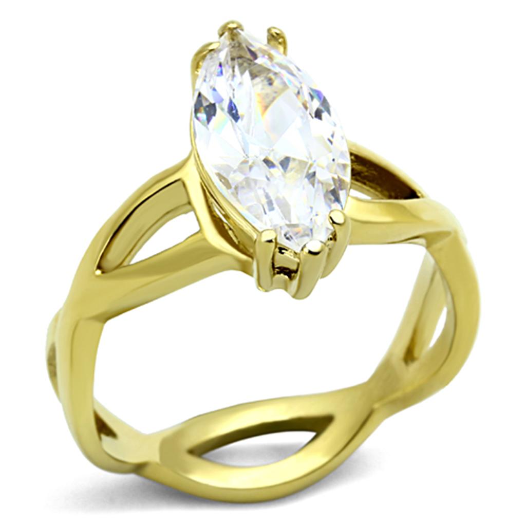 Elegant Women Stainless Steel Ring with Cubic Zirconia, featuring IP Gold finish and oblong design.