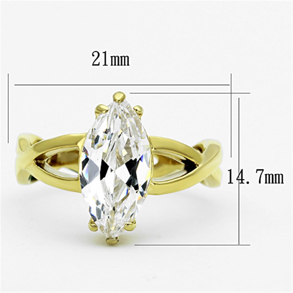 Elegant Women Stainless Steel Ring with Cubic Zirconia, featuring IP Gold finish and oblong design.