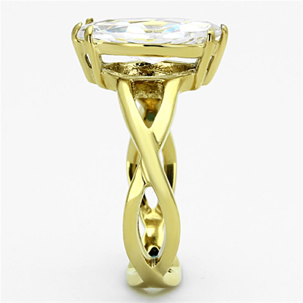 Elegant Women Stainless Steel Ring with Cubic Zirconia, featuring IP Gold finish and oblong design.