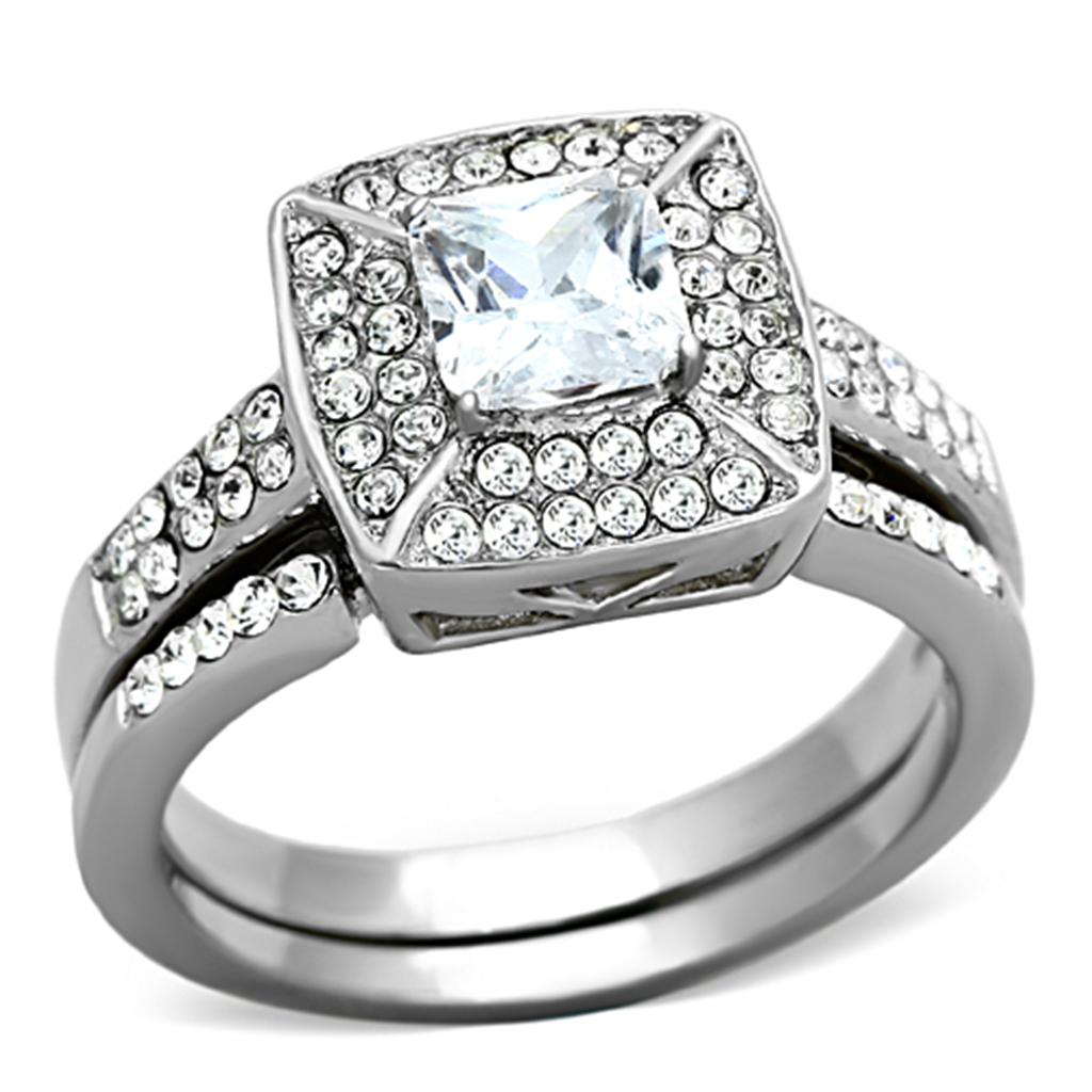 Women Stainless Steel Cubic Zirconia Ring TK1088 featuring a high-polished finish and a clear square cubic zirconia stone.